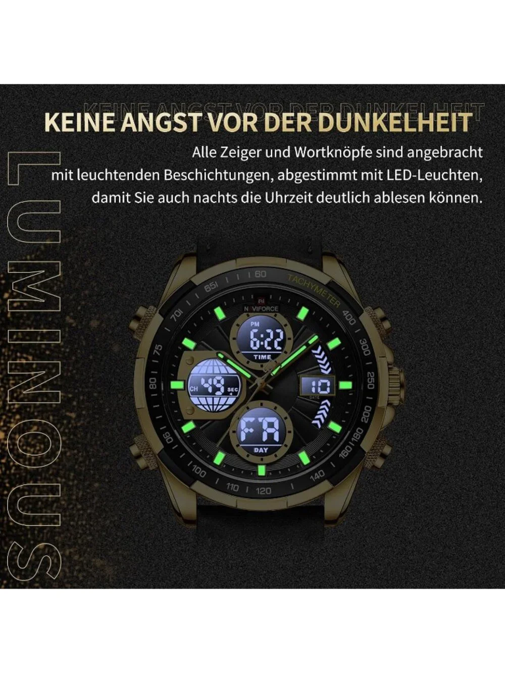 Men's Gold Black Military Digital Analog Quartz Waterproof Leather Wrist Watch